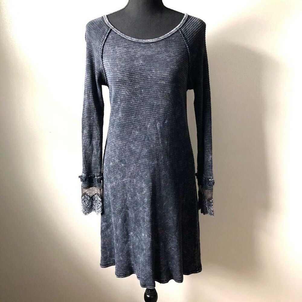 Hailey & Co Dress Small Navy Textured Waffle Acid Wash Mesh Lace Fringe Cuffs